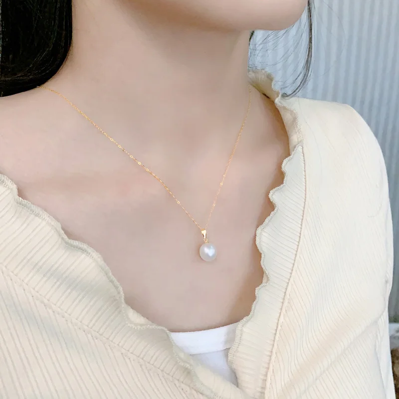 18K Yellow Gold Necklace Pendant Natural Freshwater White 10-11mm Drop Pearl Wedding Party Gift Girl Women NYMPH pearl jewelry gold necklaces