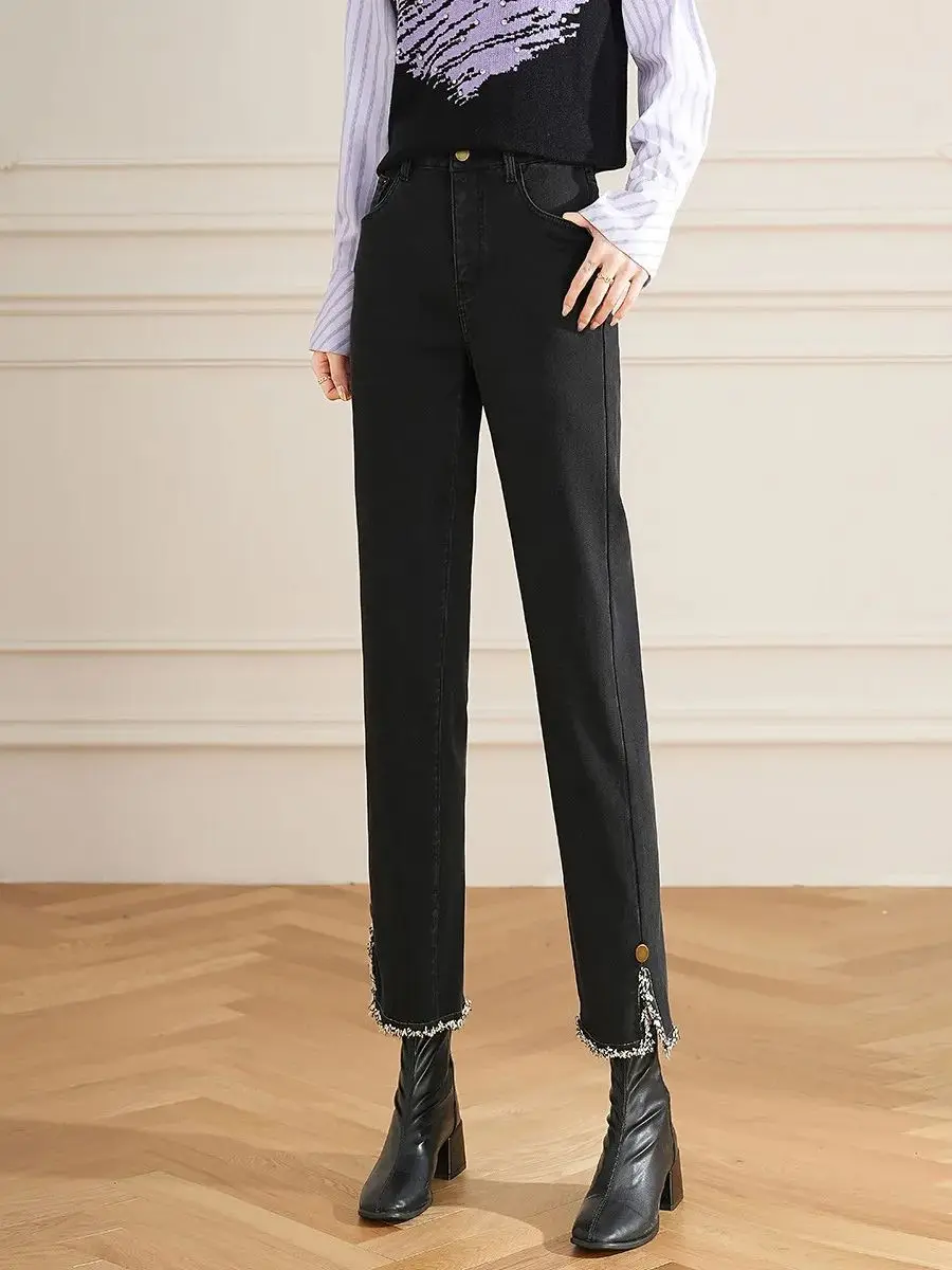 LOUIS YAO Women Jeans 2024 New Slim Straight Denim High Waist Vent Trousers Retro Casual Black Cropped Pants for Women