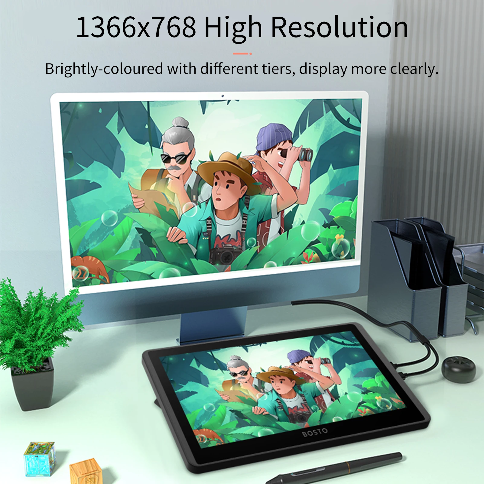 BOSTO H-IPS LCD 그래픽 드로잉 태블릿 모니터, 1366x768 디스플레이, 8192 압력 레벨 지지대, 윈도우 MacOS, 11.6 인치 크기, 12HD-A