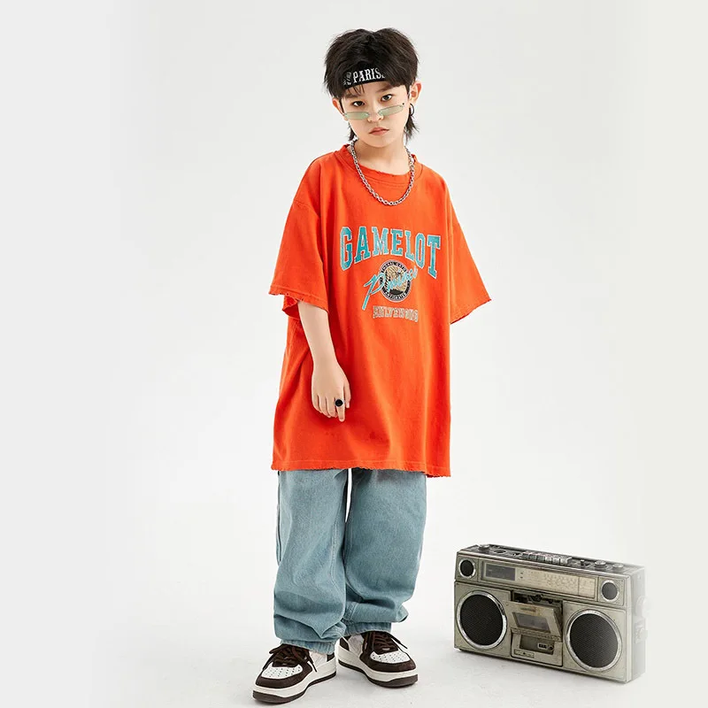 

Summer Hip Hop Kids Clothes Loose Tops Denim Pants Boys Street Dance Practice Performance Suit Teen Jazz Stage Costume Rave