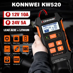 KONNWEI KW520 12V 10A 24V 5A Car Truck Battery Tester Charger Lead Acid Battery Pulse Repair Tool AGM Gel Lithium Power Supply