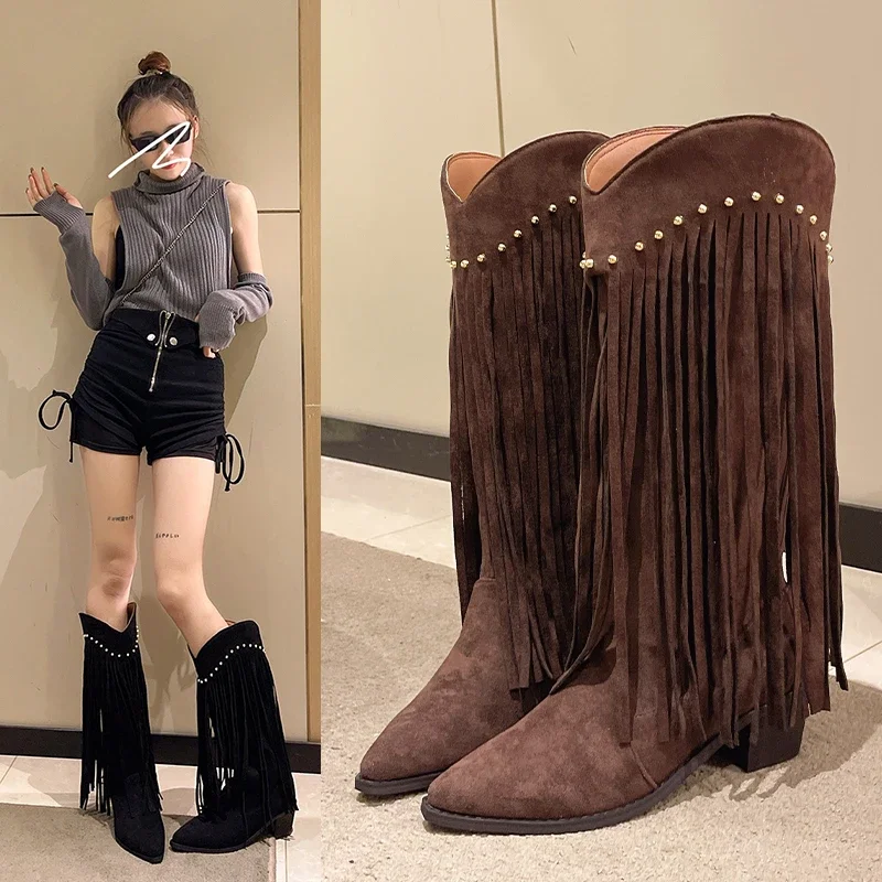 

Cowgirl Platform Heels Fringe Western Boots For Women 2023 Brand New Pointed Designer Mid Calf Boots Women Casual Ridding Shoes