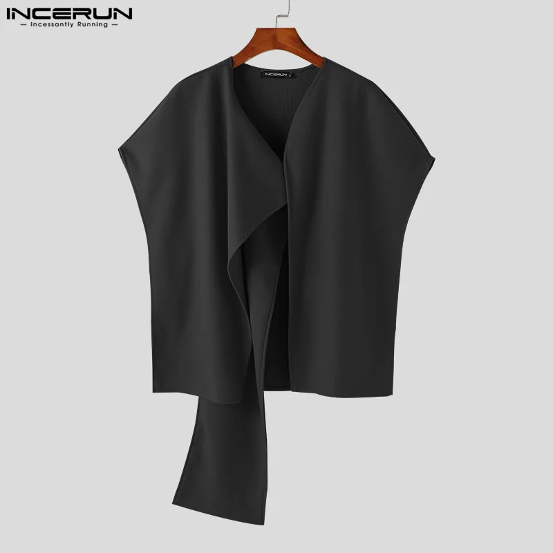 INCERUN Tops 2023 American Style New Men's Solid Simple Irregular Placket Design Vests Casual Loose Comfortable Waistcoat S-5XL