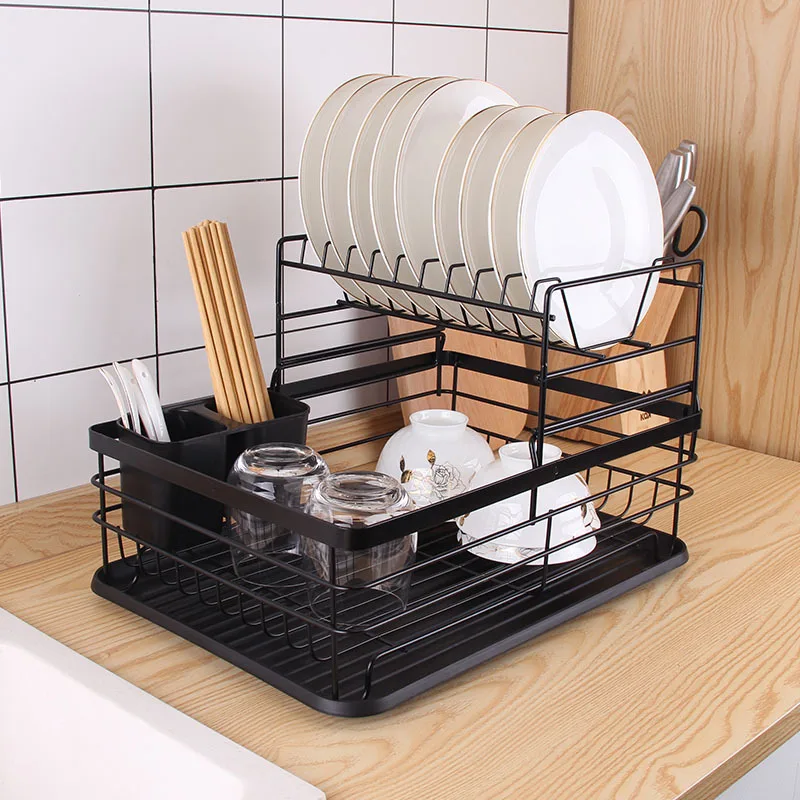 

Black Dish Rack with Drip Tray Kitchen Cutlery Storage Basket Dish Drainer Rack with Holder Storage for Kitchen Organizer Rack