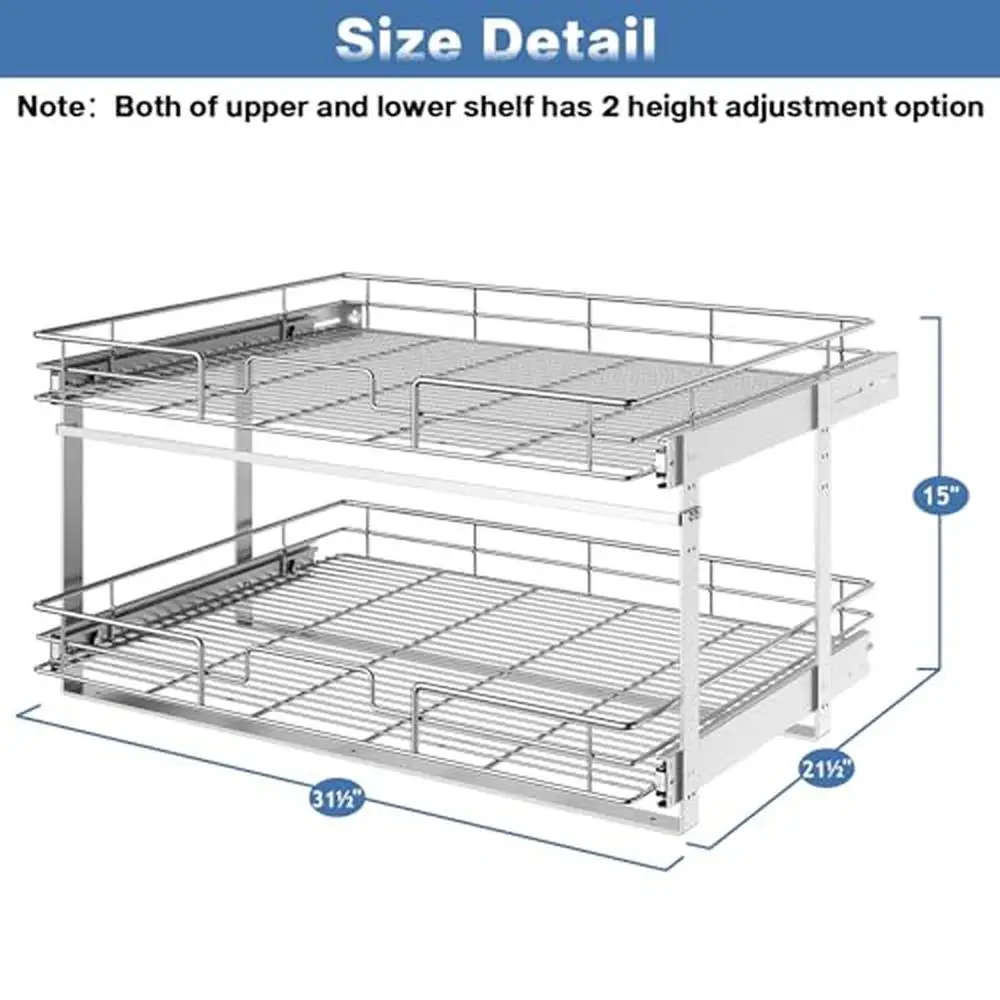 2 Tier Pull-Out Kitchen Cabinet Organizer Storage Shelves Rust Resistant Metal Adjustable Height Holds up to 100 lbs Fits 32"