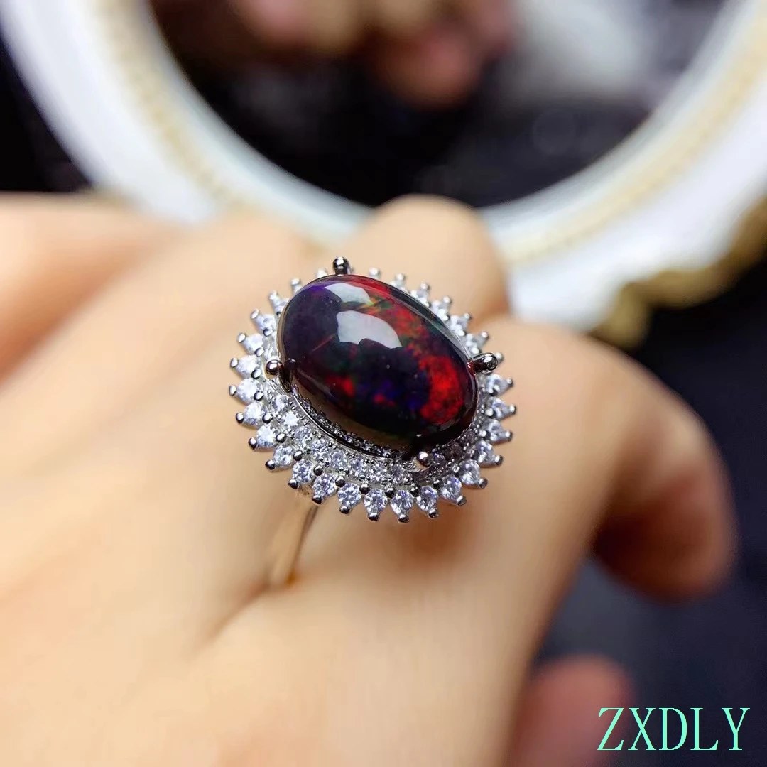 Luxury Natural Black Opal Ring Real 925 Silver Fine Jewelry Big Size Natural Gemstone Good Colorful Fire Secret Birthstone
