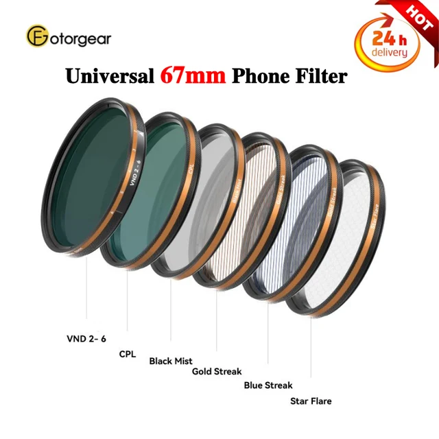Fotorgear 67mm Phone Filter;Storage Bag VND 2-6 CPL Black Mist/Gold Streak/Blue Streak/Star Flare Filter for All Smartphones