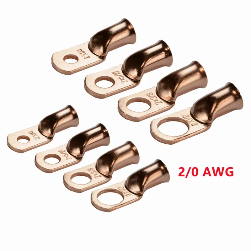 베어 구리 케이블 와이어 러그 링 터미널 배터리 용접 커넥터, 2/0AWG M6/M8/M10/M12, 10/25PCs