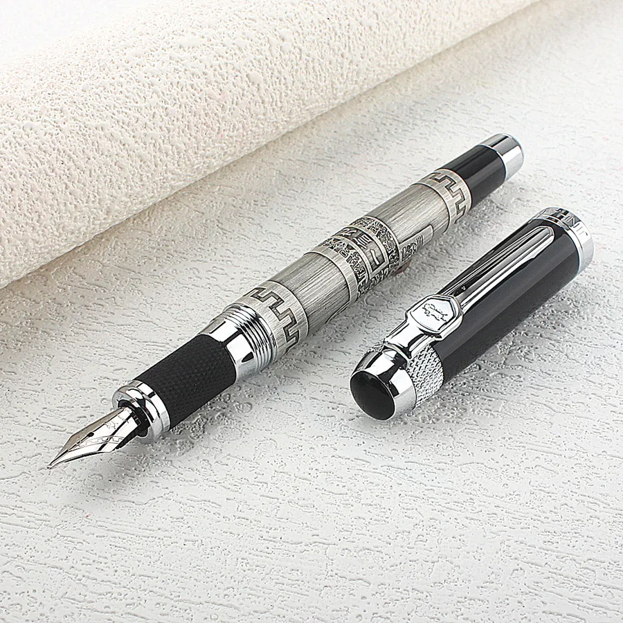 Jinhao 189 Fountain Pen Fine Chinese Style Fountain Pen Great Wall Pattern Silver Metal Office Ink Pen