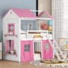 Kids Loft Bunk Bed House Twin with Tent Ladders Guardrail Windows Playhouse Wood Twin Over Twin Loft Bed Creative Design Storage 1