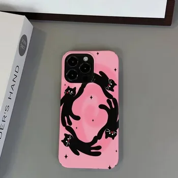 사랑스러운 핑크 배경 고양이 네 마리 돌고 있는 PC 케이스, 아이폰 15, 14, 13 프로 맥스, 12 미니, 11 프로 맥스, X, XS, XR, 7 용 후면 휴대폰 커버