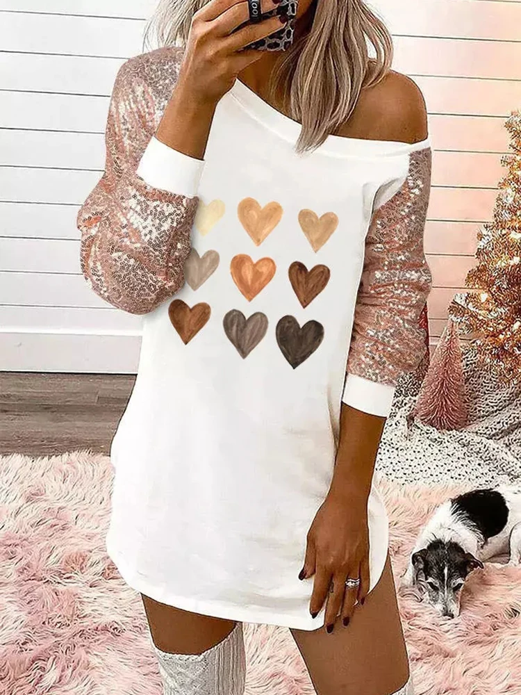 

Valentine Love Heart Sequined Splicing Blouse Shirt Dress Women Valentines Day Vacation Casual Long Raglan Sleeve Short Dress