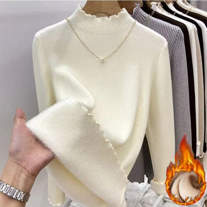 Women's Thickened Fleece Lined Turtleneck Pullover Autumn Winter Fashion Base Layer Shirt Long Sleeves Warm Ruffled Edge Sweater