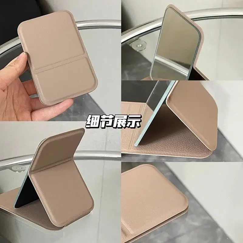 Desktop Makeup Mirror Solid Color PU Leather Portable Handheld Foldable Student Compact makeup mirror hand holding mirror