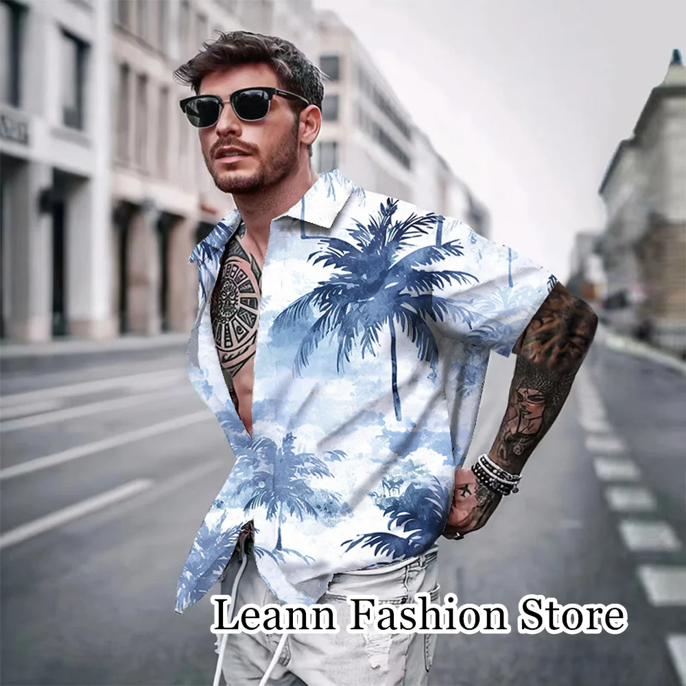 Summer Men 3D Coconut Tree Print Shirt Fashion Button Down Shirt Casual Hawaiian Vacation Tops Short Sleeve Leisure Clothing