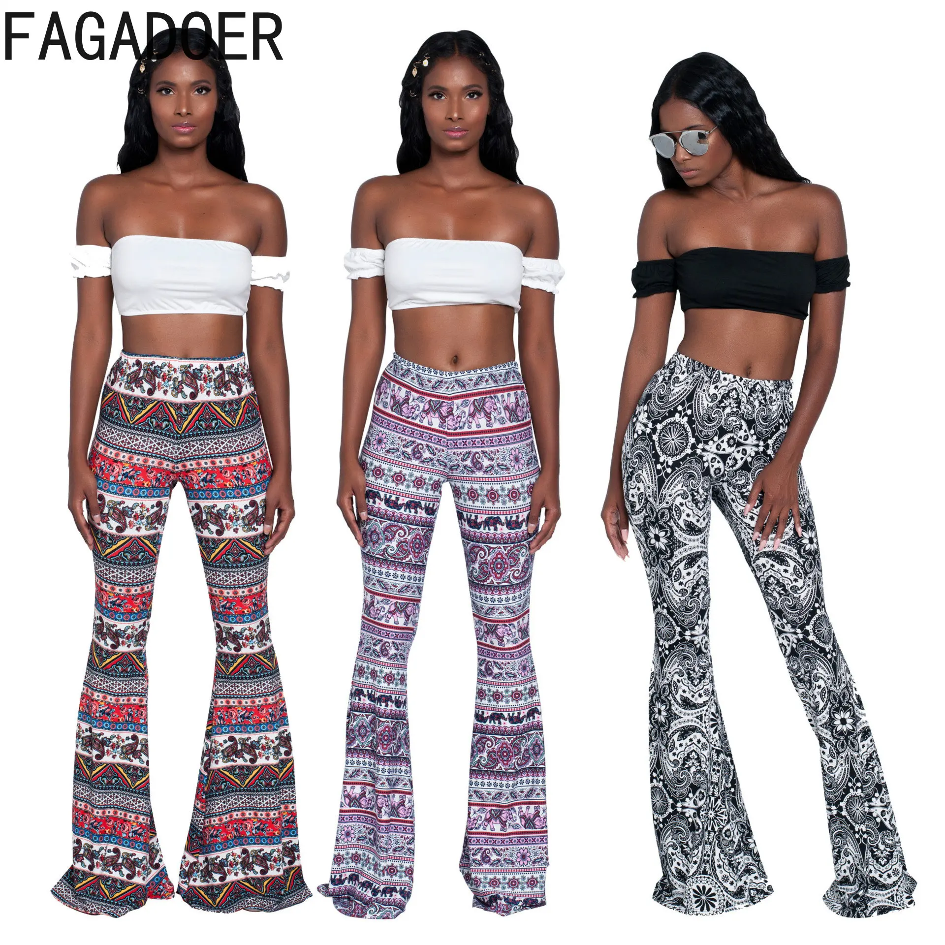 FAGADOER Casual Paisley Printing Skinny Flare Pants Women High Waisted Y2K Hot Girl Trousers Female Fashion Streetwear Bottoms holiday style peacock 2023 top quality blue paisley printing belly cut out pleat midi slip dresses women