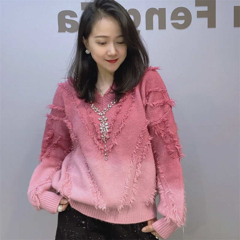 

Women's Long Sleeved V-Neck Gradient Knitted Sweater, Tassel, Colorful Diamond Pullover, Loose Top, Autumn and Winter Fashion