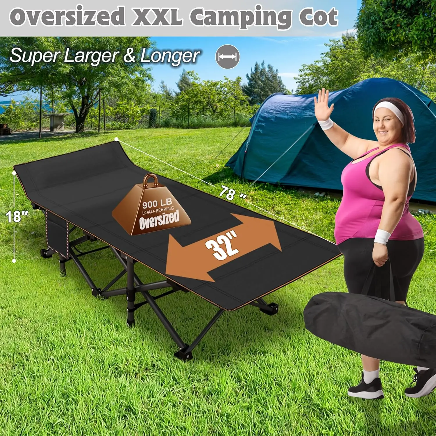 Oversized XXL Folding Camping Cot W/Mat for Adults, 78" L x 32" W x 18" H, Heavy Duty Outdoor Bed with Carry Bag