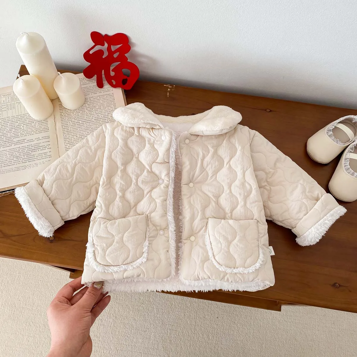 Ins Baby fleece-lined Winter Baby Clothes for Boys and Girls Rhomboid liahmian Cardigan Lapel Korean-style Newborn Warm Cotton-p