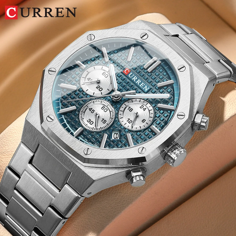 CURREN Fashion Casual Stainless Steel Band Quartz Wristwatches with Chronograph Waterproof Men's Watches