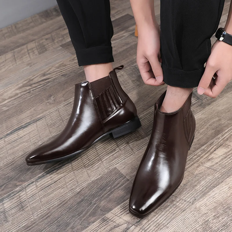 Luxury Chelsea Short Boots Men PU Italian Pointed Simple One Step High Top Business Dress Leather Shoes Male Comfortable 남성부츠