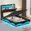 Bed Frame with Type-C Charging Station& Hidden Storage Headboard, LED Lights Upholstered Platform Bed, Twin Bed with Hydraulic 1