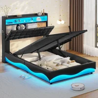 Bed Frame with Type-C Charging Station& Hidden Storage Headboard, LED Lights Upholstered Platform Bed, Twin Bed with Hydraulic 1