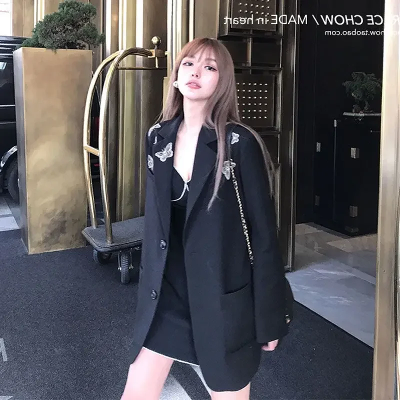 2023 Black Solid Elegant Temperament Vintage Blazer Coat Loose Jacket Streetwear Y2k Aesthetic Bufferfly Harajuku Women Jackets