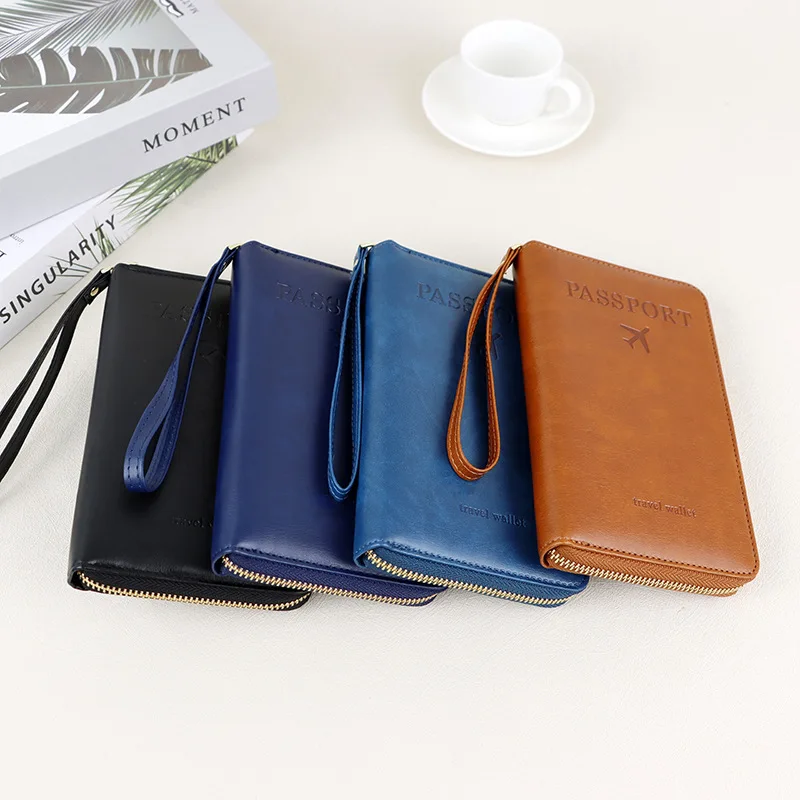 RFID blocking leather passport cover, suitable for women's large capacity travel wallets with multiple card slots
