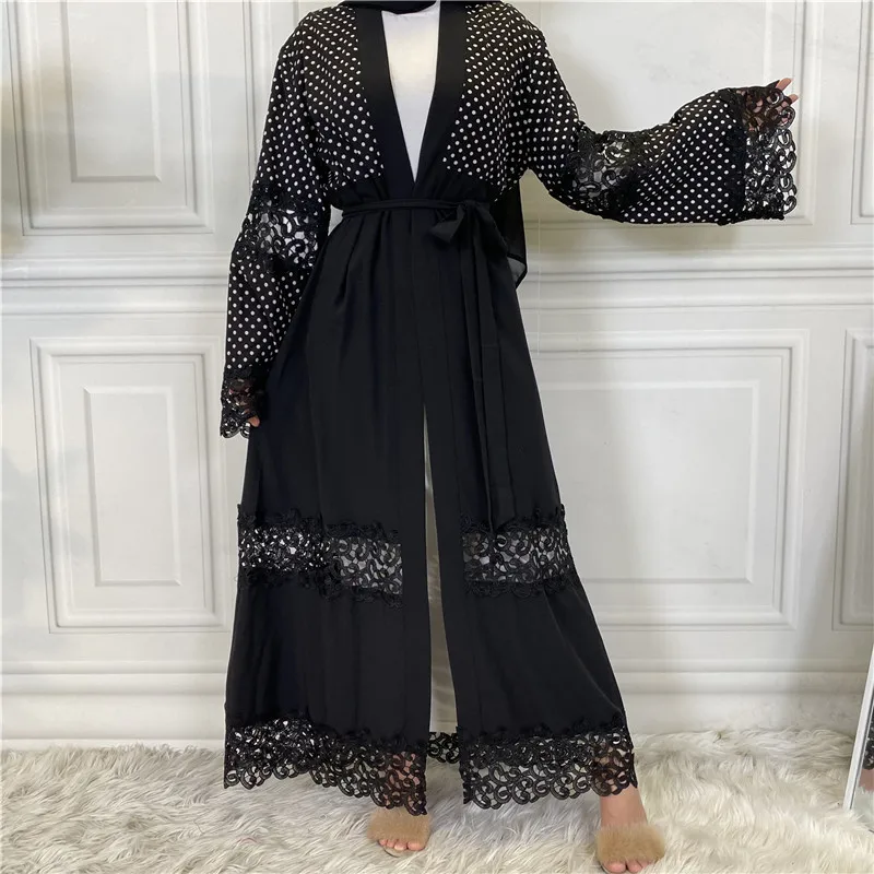 

Женский кардиган с большими манжетами, черное кружевное платье в горошек, мусульманское платье, турецкий исламский кардиган, вечернее платье