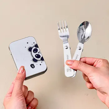 WORTHBUY 3Pcs/Set Outdoor Folding Cutlery Fork Spoon With Box Camping Picnic Portable 304 Stainless Steel Foldable Dinnerware