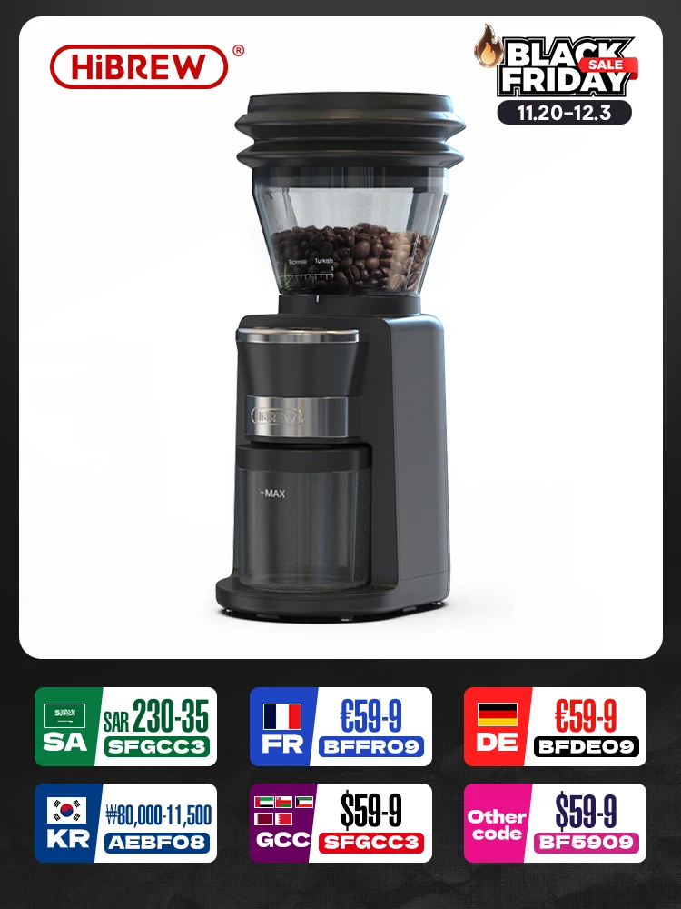 HiBREW Automatic Burr Mill Electric Coffee Grinder with 31 Gears for Espresso American Coffee Pour Over Visual Bean Storage G3