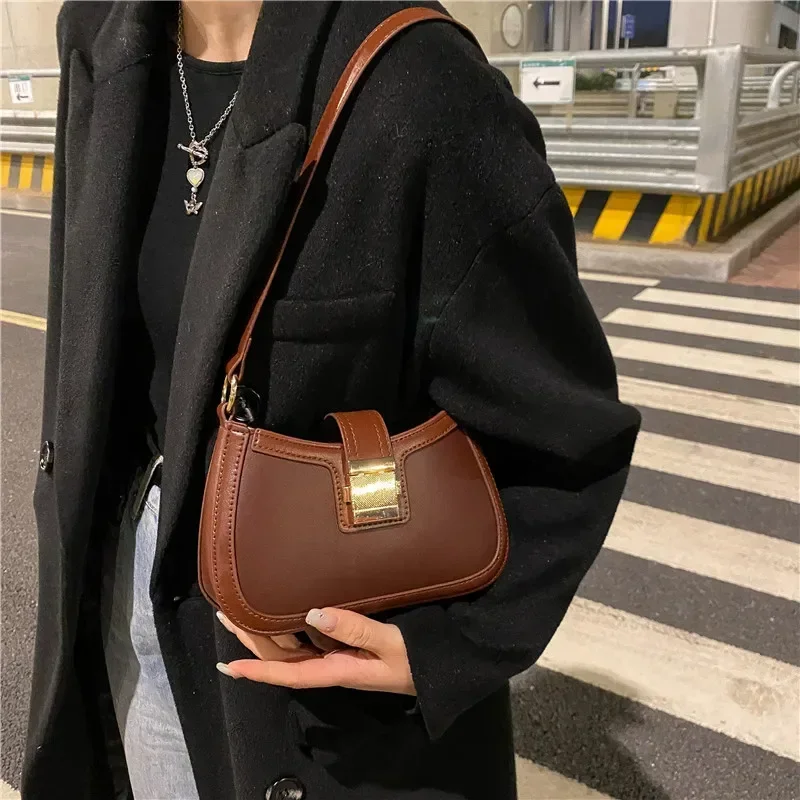 Leather Handbag Vintage Trendy Ladies Underarm Shoulder Bag Solid Color Lacquer PU Leather Handbag Women Fashion Brand Simple Female Chain Purse