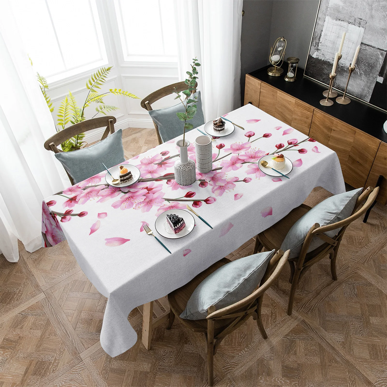 

Весенняя ветка цветущей вишни, розовый цветок, белая Водонепроницаемая скатерть, декоративная прямоугольная скатерть для кухонного стола, декор для кухонного стола