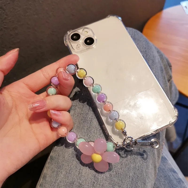 Universal Phone Case Anti-lost Lanyard Key Short Wrist Pendant Crystal Macaron Round Bead Pendant Women Hand-held Chain Lanyard