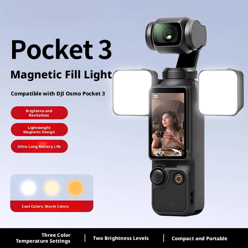DJI 오즈모 포켓 3 카메라용 마그네틱 LED 조명, 3가지 색상 모드 조절 가능 비디오 조명, 브이로그 사진 촬영 조명 액세서리