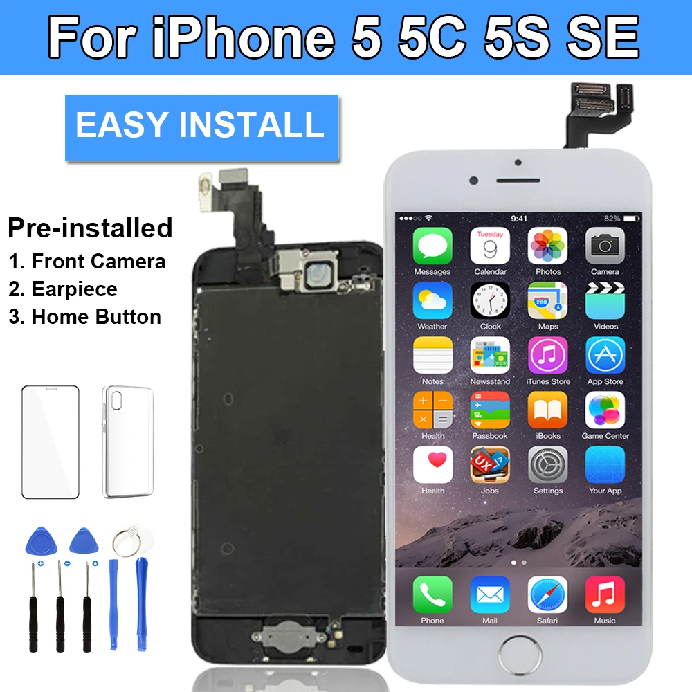 

Полный комплект экрана для iPhone 5 5C 5S 5SE SE 2016, сменный комплект ЖК-дисплея, сенсорный дигитайзер в сборе + фронтальная камера + Главная Кнопка