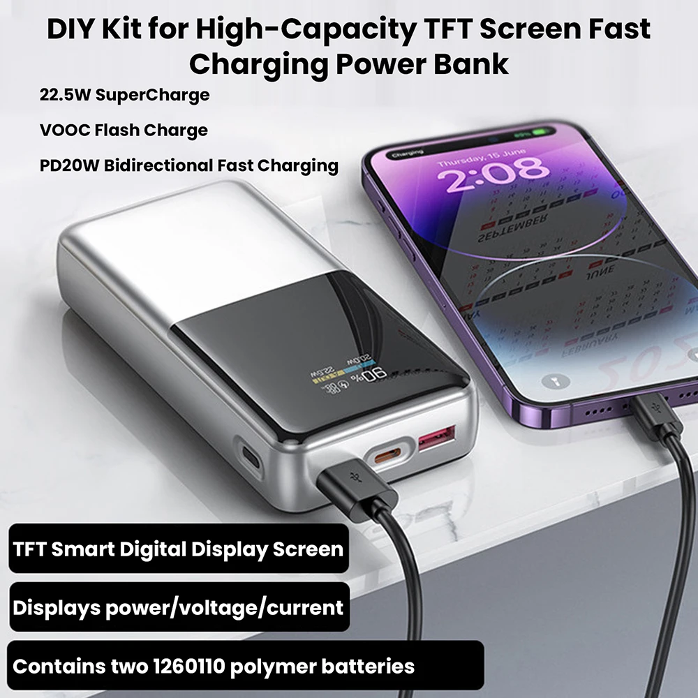 Modulo di Ricarica Rapida 22.5W, Kit Fai-da-Te per Power Bank con Display LCD a Colori TFT, Batteria al Litio Ternaria 3.7V, Supporta PD/QC/SCP/VOOC - Image 3