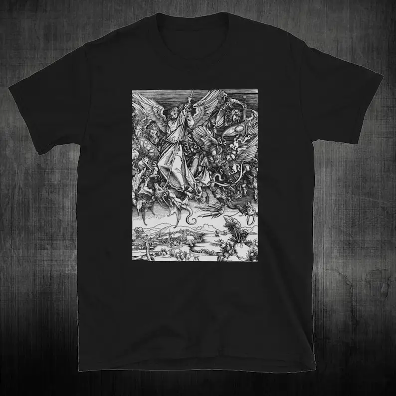 

Saint Michael Fights the Dragon Albrecht Durer Angel Demon battle shirt | Dürer, Woodcut, Engraving, Renaissance, Gustave Dore