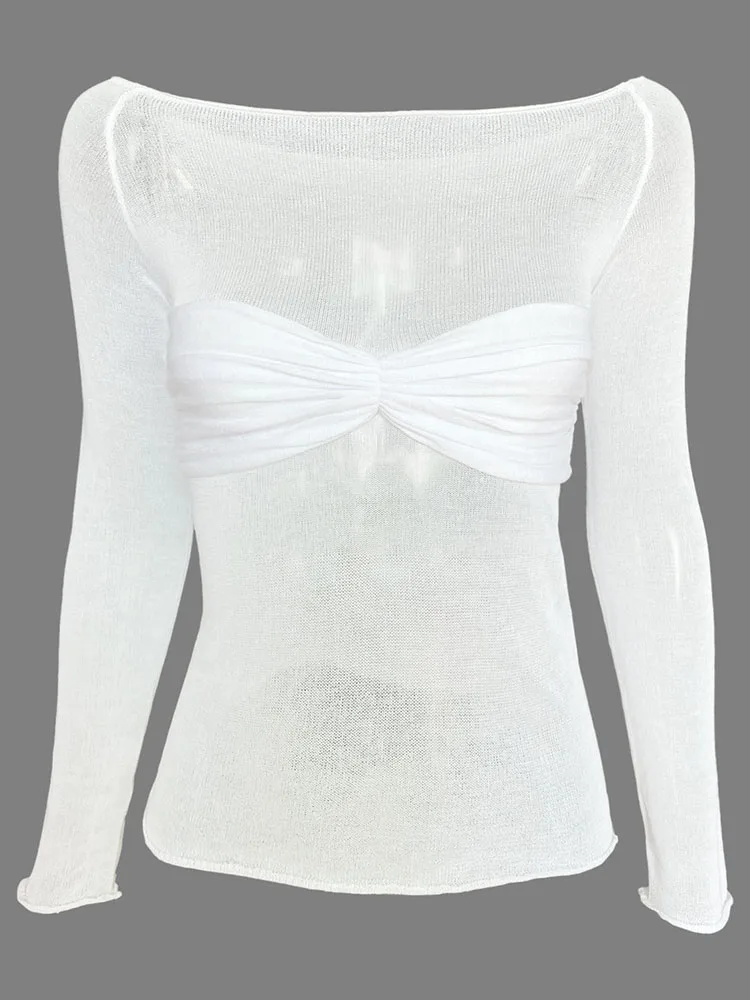 Sexy Long Sleeve Shoulder Gauze T-shirts Women Slim Solid Versatile T-Shirt 2025 Spring Female Fashion Off Shouler Tops