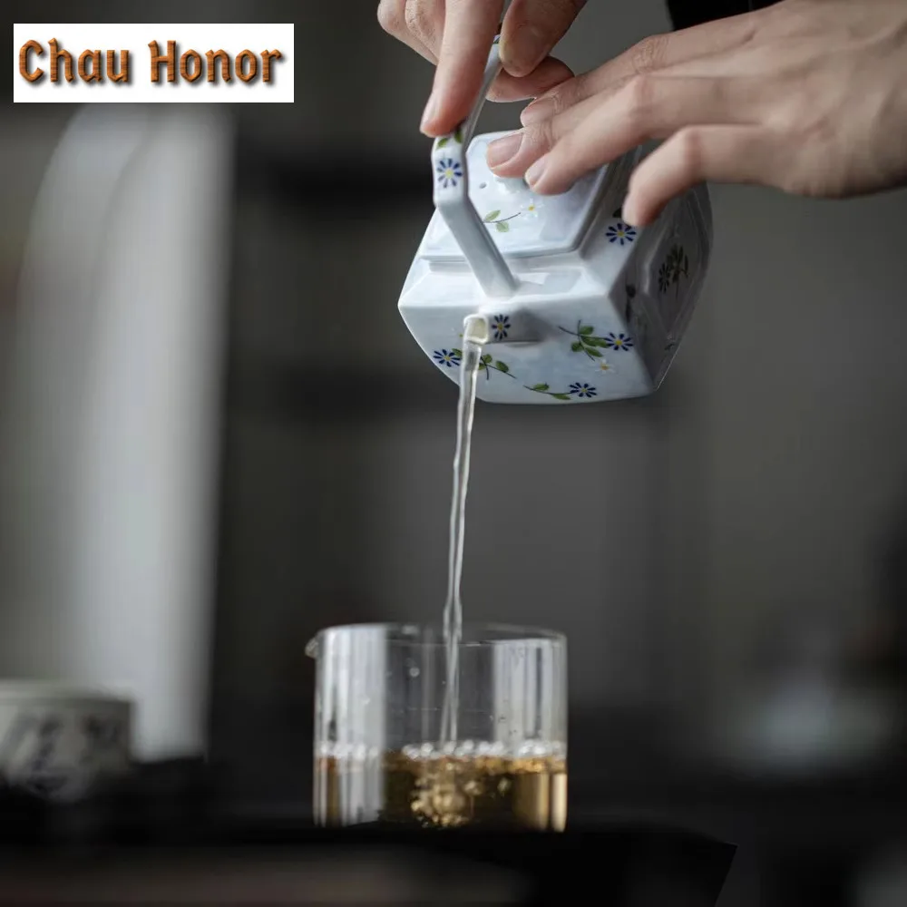 180ML Hand-painted Small Daisy Lifting Beam Teapot Zen Square Pot Tea Brewing Kettle with Infuser Teaset Equipment Collection