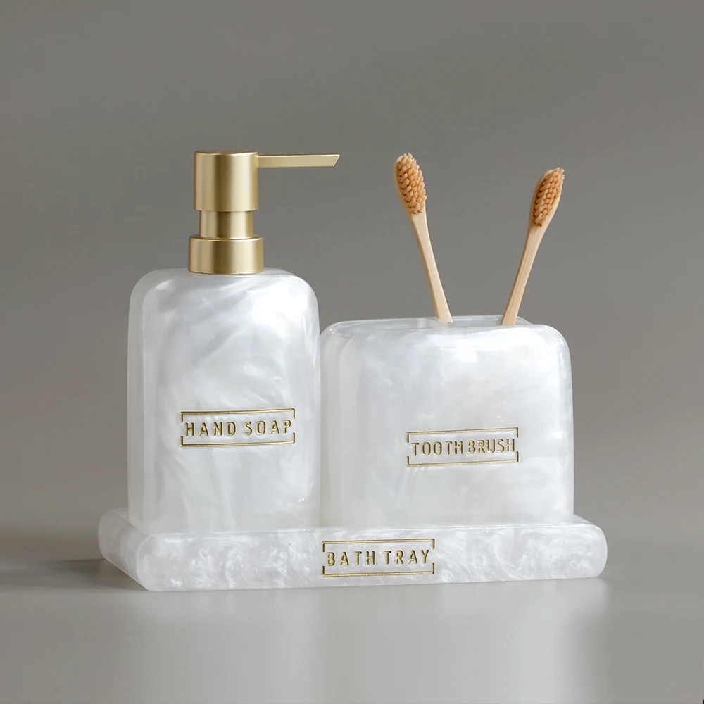Bathroom Vanity Countertop Accessory Set Soap Dispenser Toothbrush Holder Set Tray Bathroom Accessories White Pearl Look bathroom accessories set,soap dispenser