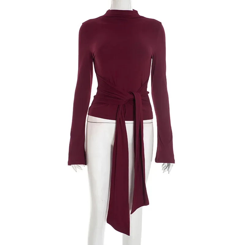 Spring and Autumn New Fashion 2026 Women's O Neck Long Sleeve T-Shirt Elegant Flared Sleeve Cinched Waist Lace-up Pullover Top