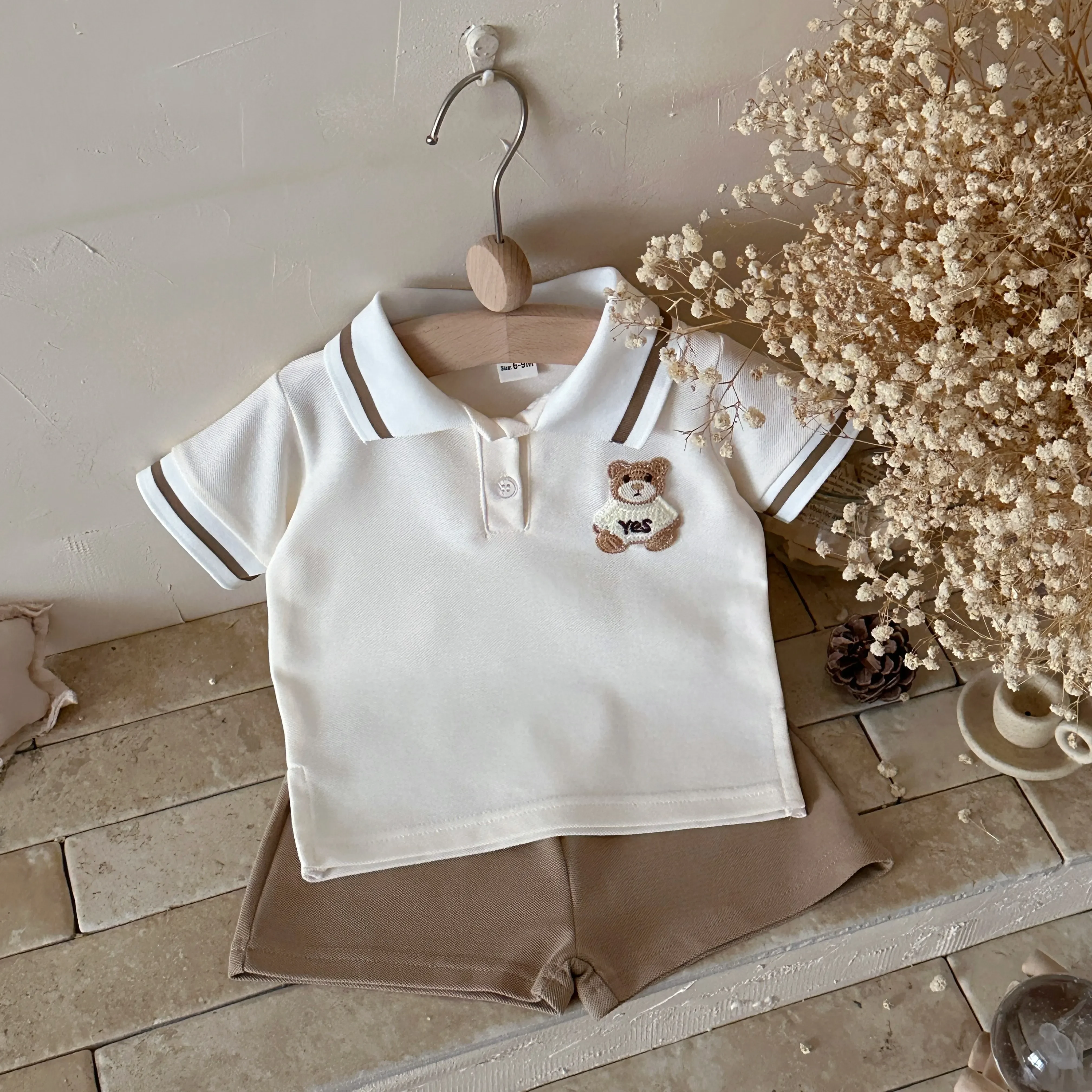 0-3Y Summer Baby Boy Girl 2PCS Bear Decoration Casual Set Lapel Striped Short Sleeve Top+shorts Cotton Children's Clothing 3