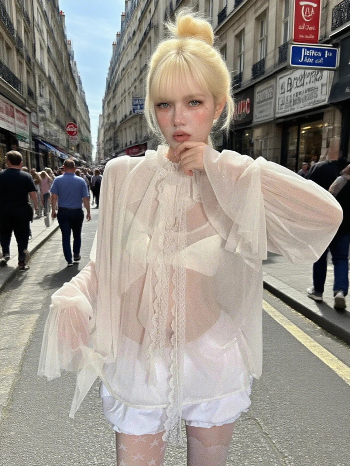 Nibber Solid Sexy Mesh Coquette Top Women Lace Ribbon Backless Button Ruffles Pure Desire Wild Street Midnight Clubwear Tees