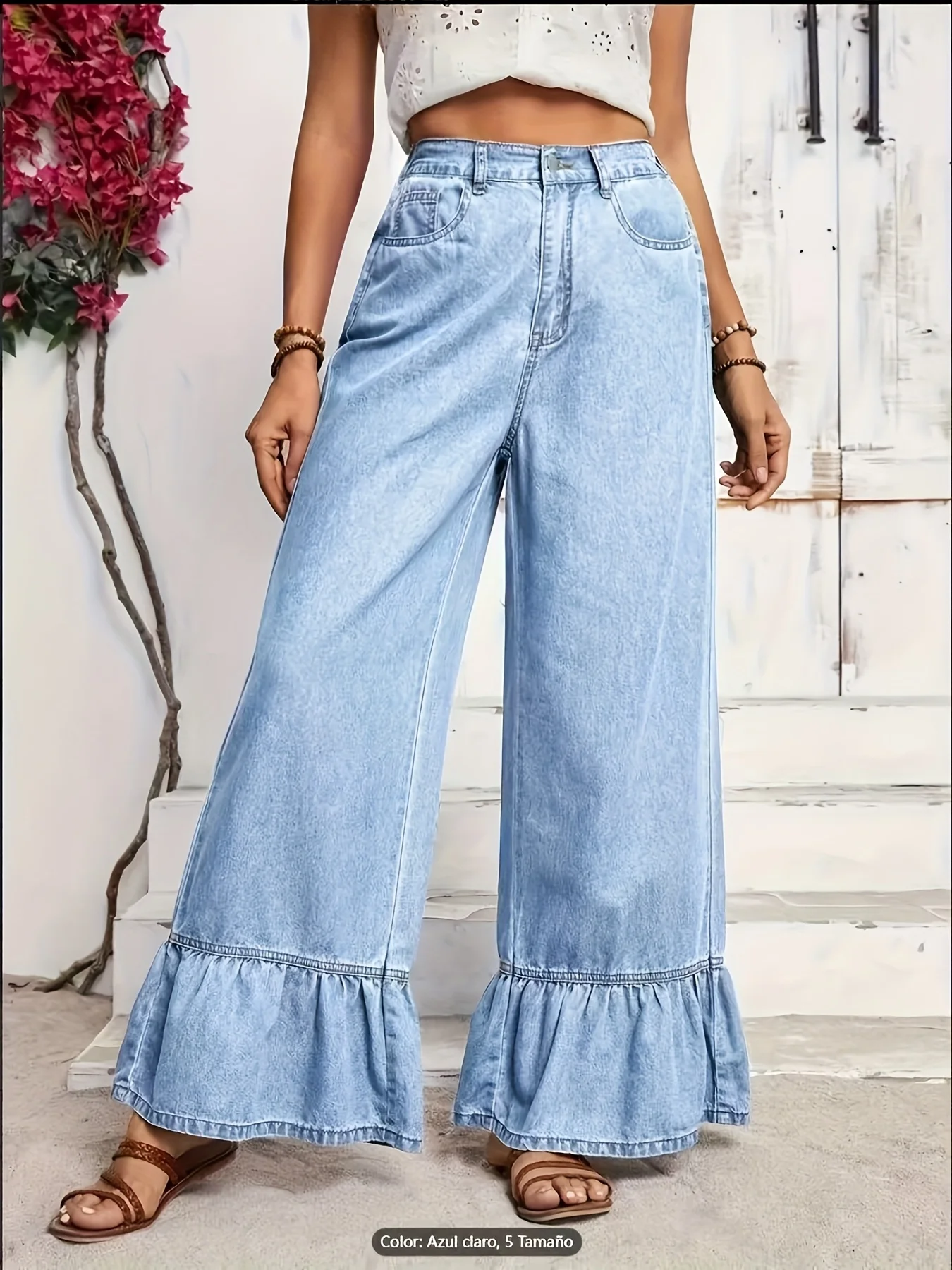 Jean large bleu clair à volants pour femme, taille haute, coupe décontractée, pantalon long