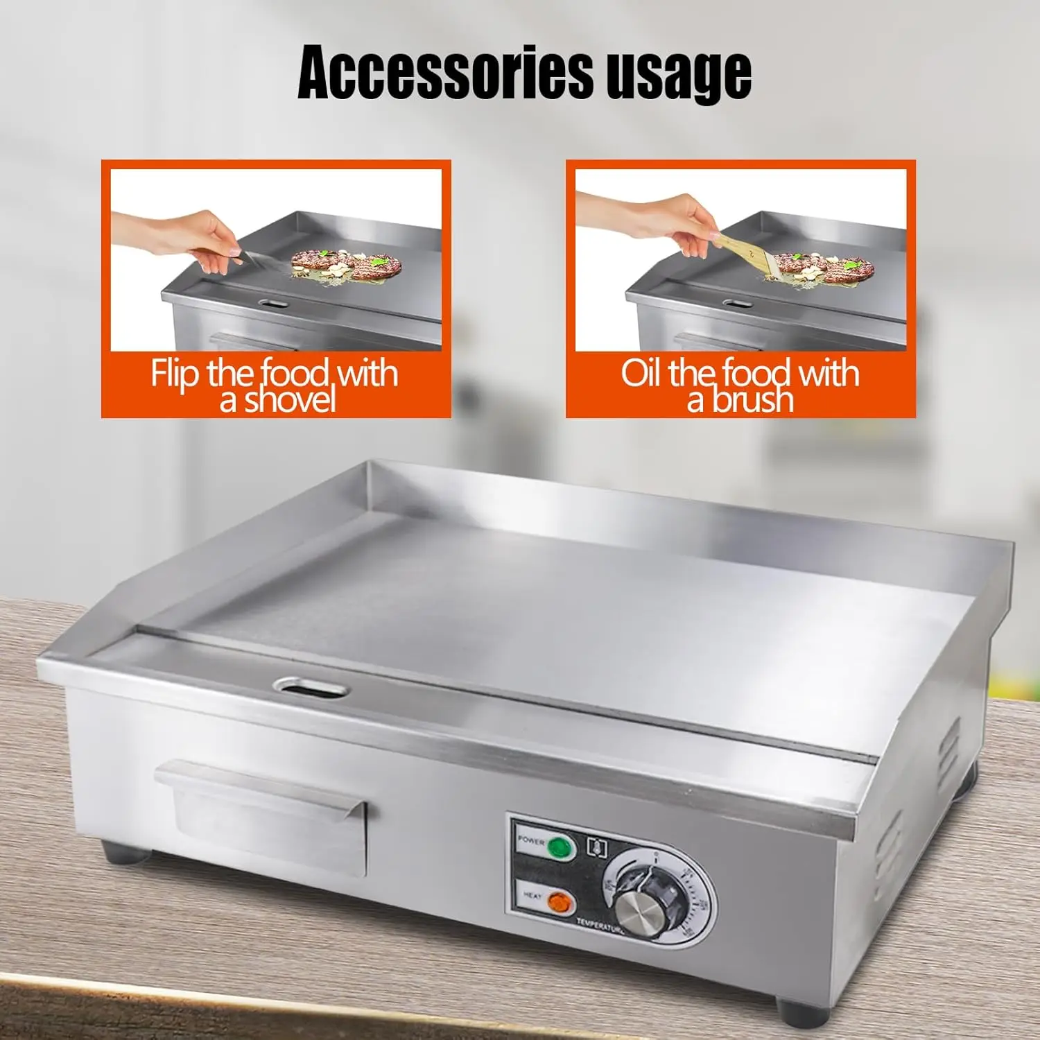 Electric Griddle,Electric Countertop Flat Top Griddle,110V 1600W Electric Flat Top Grill,Non-Stick Restaurant Teppanyaki Stainle 6