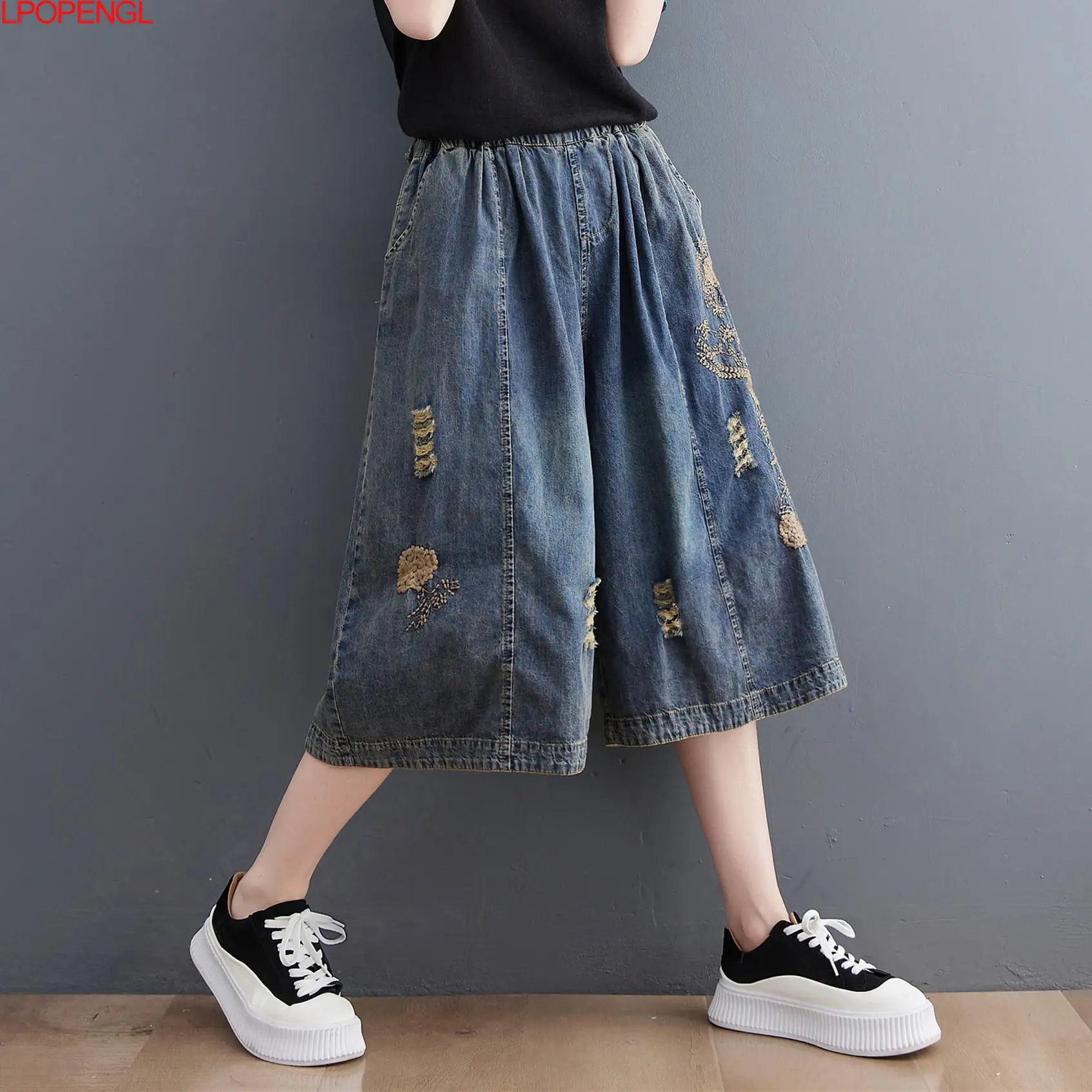 New 2022 Summer Streetwear Womens Vintage Ripped Jeans Holes Blue Denim Shorts Ladies Elastic Loose Thin Straight Wide Leg Pants