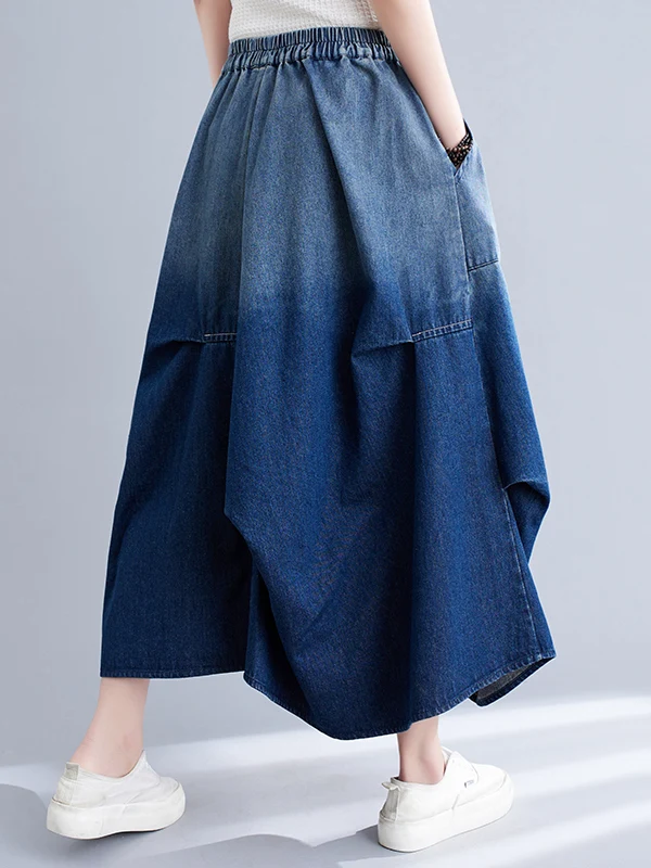 aduated Color Denim A-Line Skirt Women's Summer Elastic Waist Loose Pleated Long Skirts for plus Size Hide Hip Slimming