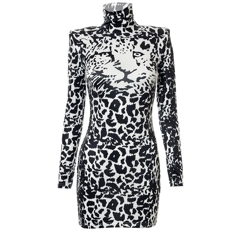 

2022 European and American Autumn Women's Leopard Print Round Neck Pullover Long Sleeve Sexy Slim Wrap Hip Dress Women
